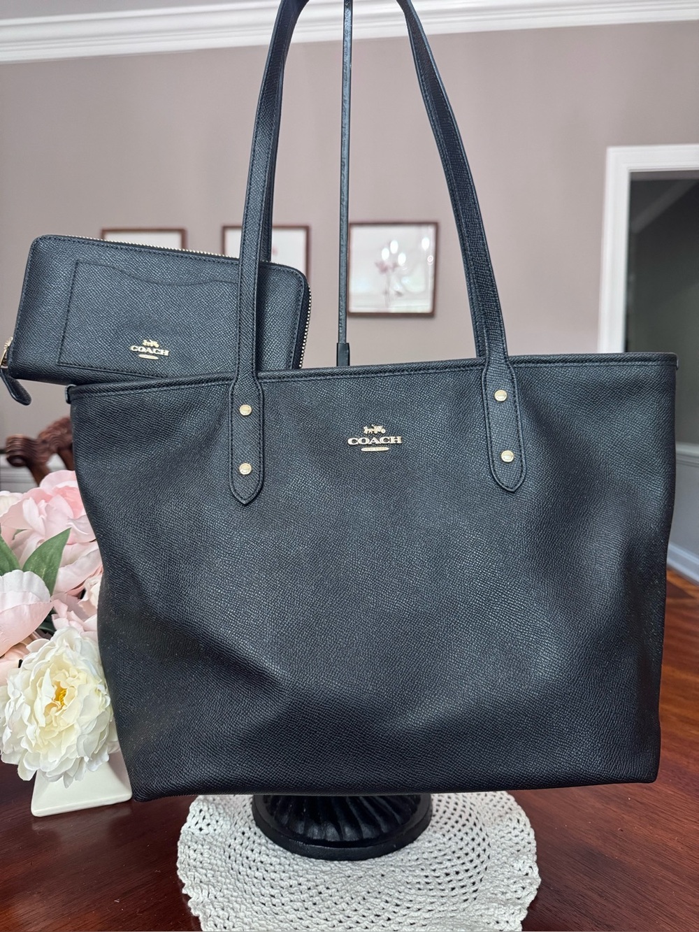 COACH Black Crossgrain Leather City Zip Tote Bag & Matching Slim Accordion Walle